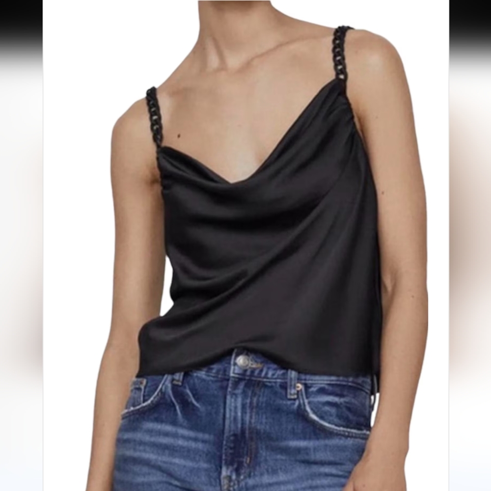 Black sanit Cami top with black plastic chain detail straps. Size S.